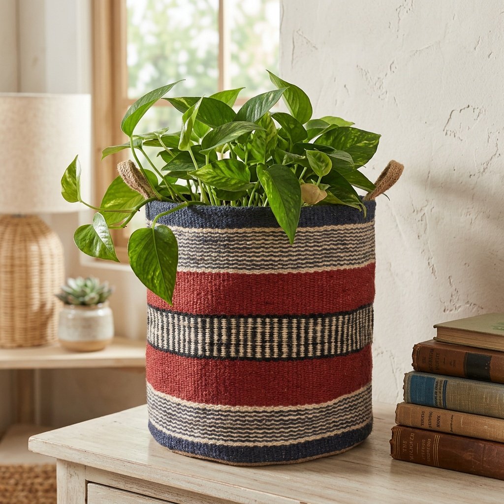 Rostfarbener und marineblauer Jutekorb für Pflanzen Rust and navy jute basket for plant